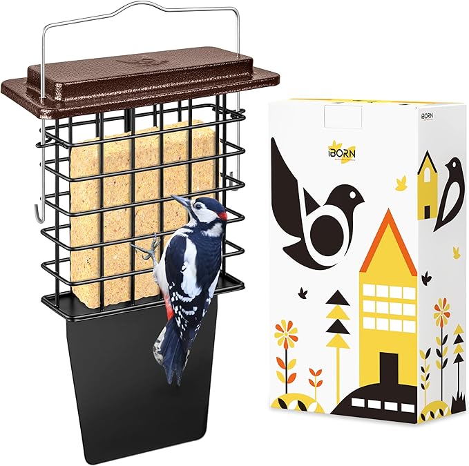 iBorn Suet Feeder with Tail Prop,Woodpecker Feeder,Suet Feeders for Outside Hanging,Suet Bird Feeders for Outdoors,Heavy-Duty Suet Cage,Suet Holder,Rainproof Roof,Easy Clean and Refill,1 Pack,Coffee