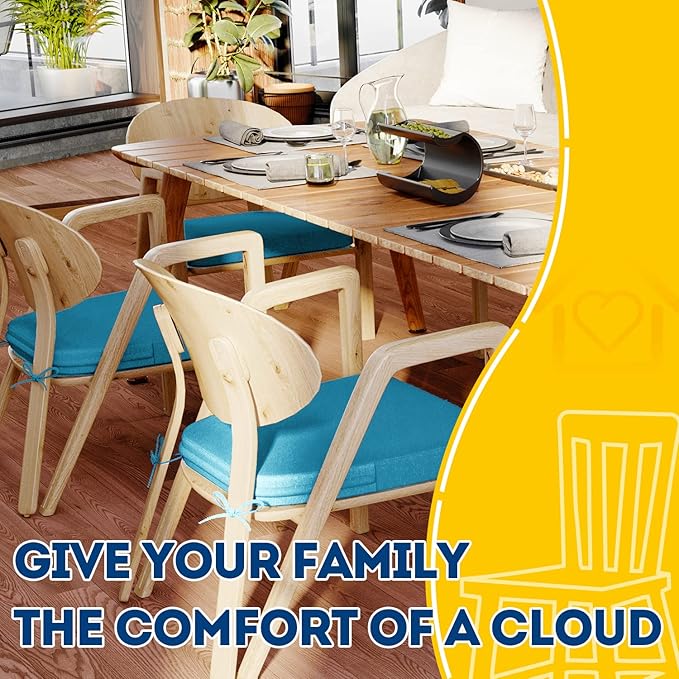 AAAAAcessories D-Shaped Chair Cushions, 2" Thick Dining Chair Pads with Ties and Removable, Machine-Washable Cover, 17" x 16", Set of 2, Teal