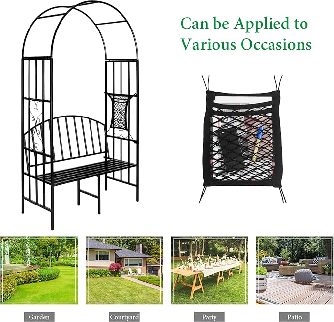 Garden Arch Heavy Duty Arbor with Bench Holds 660lbs | Metal Arbor Archway for Climbing Plant & Two People Seat Bench |Outdoor Lawn Backyard Decor, Black
