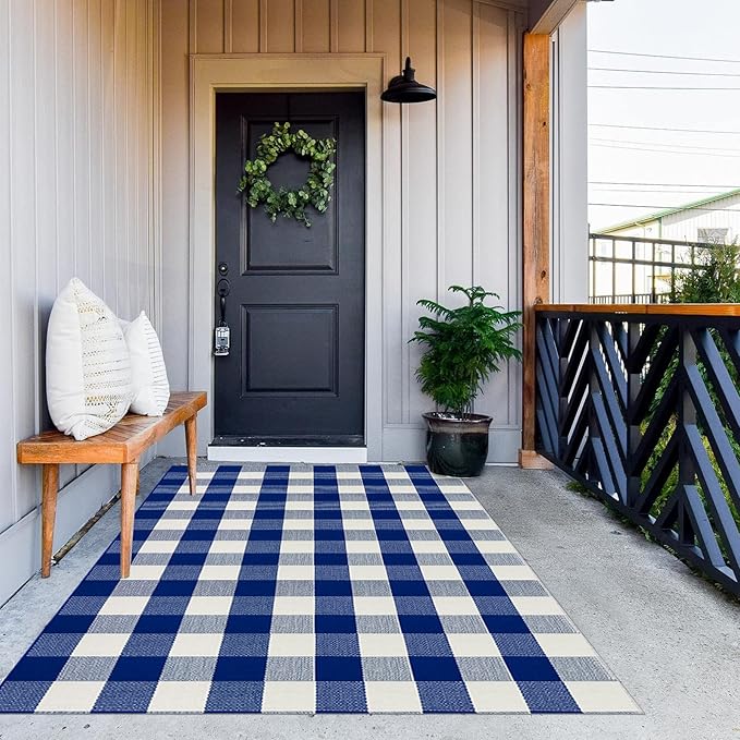 MUBIN Cotton Buffalo Plaid Rug, 4'x 6' Blue and White Outdoor Rug Front Door Decorative Mat, Hand-Woven Foldable Rug for Layered Door Mats Washable Carpet for Front Porch, Entryway, Farmhouse