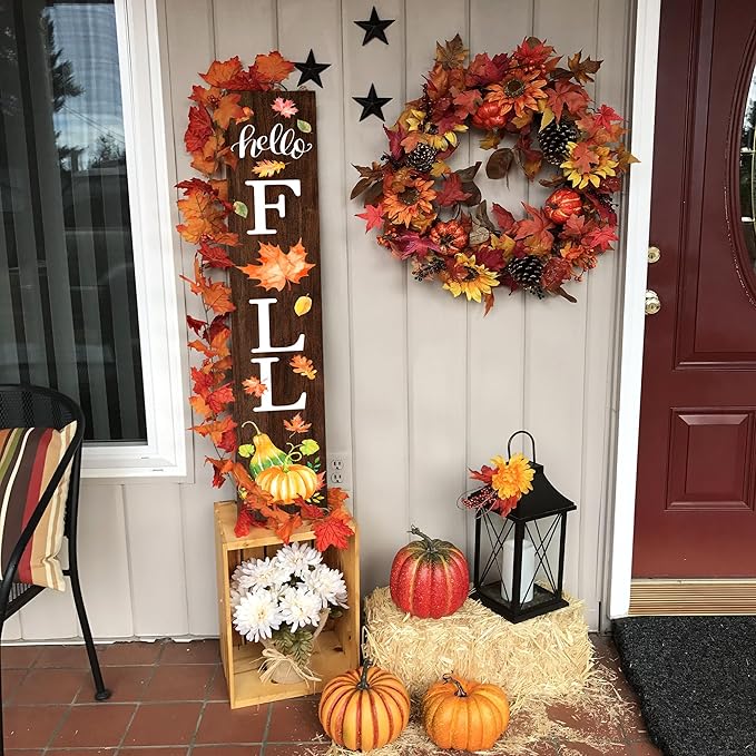 Hello Fall Welcome Sign for Front Porch Standing, Wooden Porch Sign with Leaves for Front Door Decorations, Rustic Farmhouse Hanging Wall Sign for Harvest Thanksgiving Decor 47.2"H