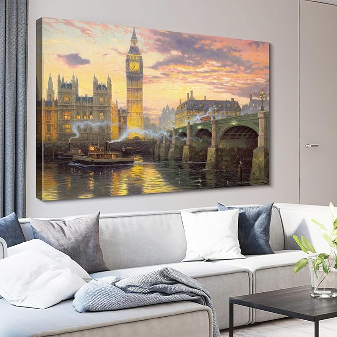 STUDIO HAVEN Thomas Kinkade Canvas Wall Art, London Skyline Big Ben River Thames Stone Bridge Sunset Glow Oil Painting Poster Iconic Cityscape Wall Decor, Framed Prints for Home Decor, 16x12Inch