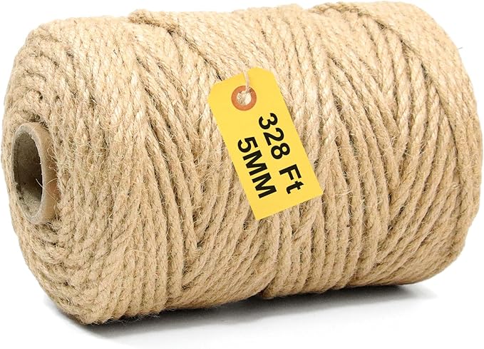 Jute Twine String - 328ft Eco-Friendly 5mm Natural Cord for Crafts, Packaging & Cat Scratchers | Heavy-Duty Rope for Garden Tying, Gift Wrapping & DIY Decor