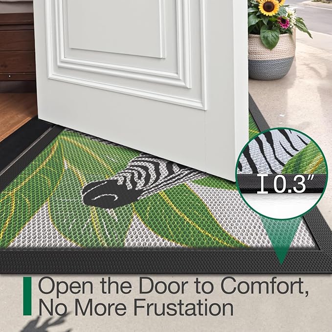 LUMI Outside Door Mat 17x30, Non Slip Rubber Backing Doormat, Low Profile Easy Clean Entrance Mats for Front Back Door Entryway Porch Garage, Zebra
