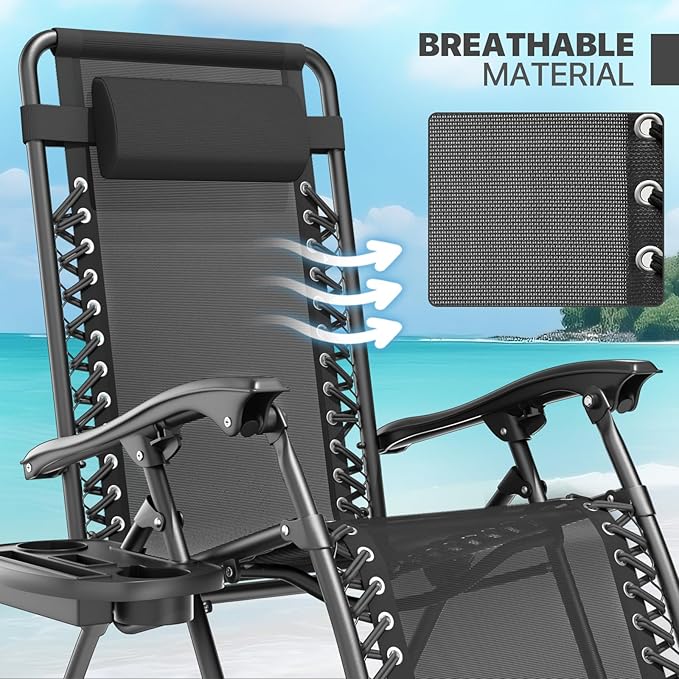 Magshion Zero Gravity Lounge Chair, Adjustable Folding Recliner with Cup Holder Side Tray & Removable Headrest Pillow, Portable Outdoor Patio Lounger for Camping, Beach, Lawn, Backyard, Black