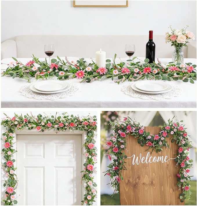 6 Ft Pink Flower Garland Silk Artificial Wildflower Daisy Flowers Faux Floral Garland Spring Flower Hanging Vines with Green Leaves for Fireplace Wedding Arch Wall Home Indoor Outdoor Party Decor
