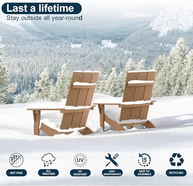 MXIMU Modern Adirondack Chair Weather Resistant with Cup Holder Oversized Fire Pit Chairs Adorondic Plastic Outdoor Chairs for Firepit Area Seating (Teak)