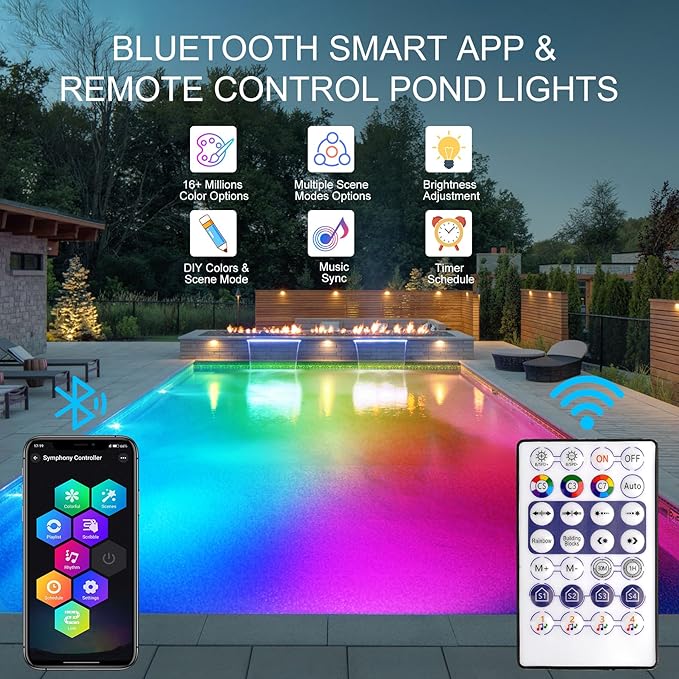 RGB Underwater Pond Lights,Super Bright 18 LED Submersible Fountain Lights,Bluetooth APP Control IP68 Waterproof Color Changing Spotlights for Fish Aquarium Tank Garden Yard Pool(Set of 12)