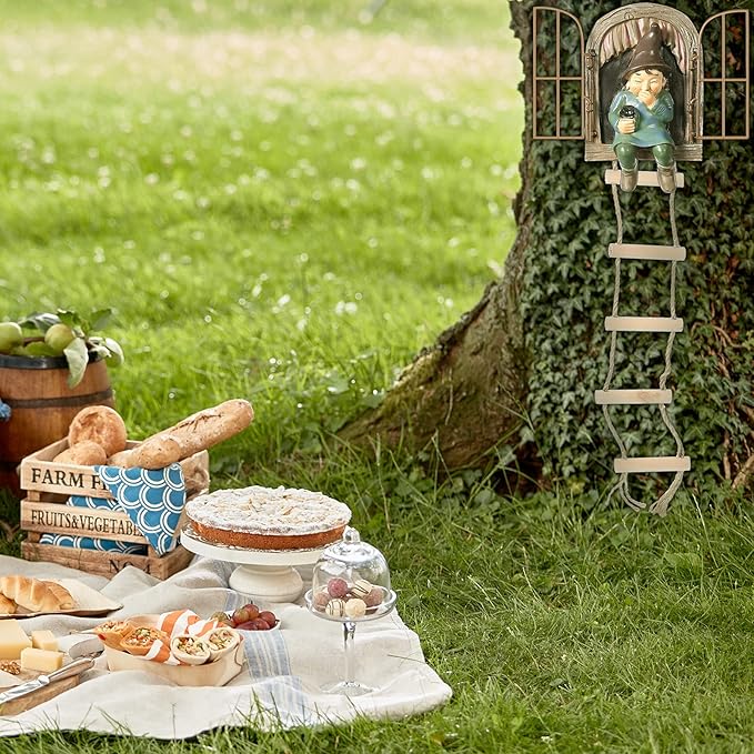Thyle 4 Pieces Garden Gnomes Outdoor Tree Hugger Gnome Fairy Statue Elf Out The Door Resin Figurine Hanging Ladder Decoration Tree Faces Decor Outdoor for Patio Yard Lawn(Rustic Style)