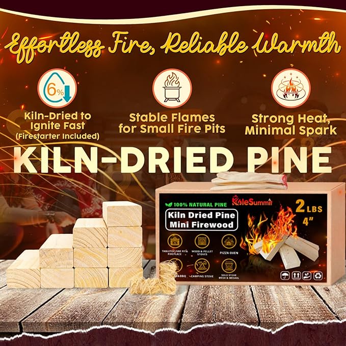 Mini Firewood 4" Kiln Dried Fire Pit Wood for Solo Stove Accessories, Camp Stoves, Tabletop Pits, BBQ Grills & Pizza Ovens 2 lb Box with Fire Starters & Handling Gloves