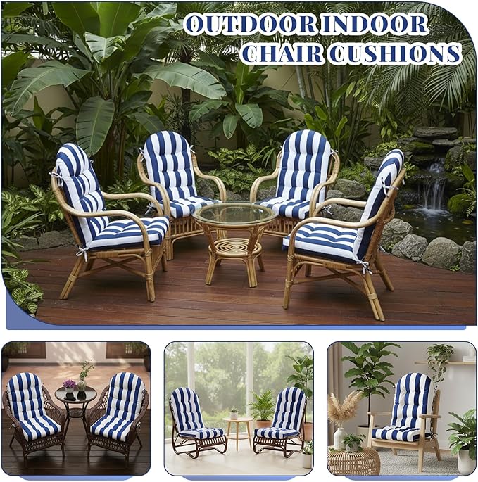 Geelin 4 Pcs Adirondack Chair Cushion High Back Patio Rocking Chair Cushion 44 x 19 x 4 Inch Tufted Weather Resistant Fade Resistant Seat for Patio Rocking Seat (Blue and White)