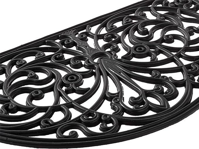 Kempf Rubber Scroll Doormat Half Moon Mat, Indoor Outdoor Entrance Mat, Low Clearance, Functional and Easy to Clean, Wrought Iron Scroll Design