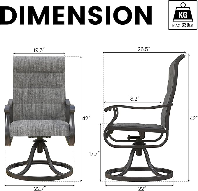 Patio Swivel Chairs Set of 6, Outdoor Dining Chairs with High Back, All-Weather Swivel Rocker Chair for Lawn, Porch or Garden (Padded Dark Grey)