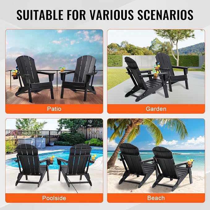 VEVOR Folding Adirondack Chairs Set of 2 with Cup Holder, All-Weather Portable Plastic Fire Pit Chair, Outdoor Adirondack Patio Chair, with Relaxing Arm Rest Ergonomic, for Garden, Backyard, Black