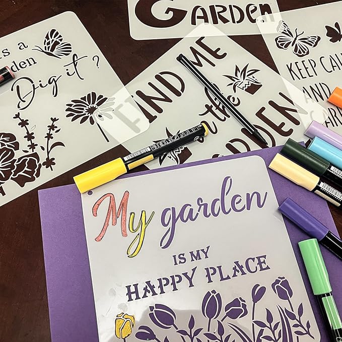 16 PCS Garden Theme Stencils for Painting, Stencils for Crafts Reusable 8 x 8 Inch Quote Floral Templates for Wood Signs Sheds Planters and Patio Decor