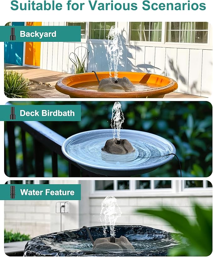 Bird Bath Fountain Plug in,Adjustable Flow,5.9ft Cord Water Pump,Realistic Granite Resin Rock Bird Fountain for Bird Bath,Fish Tank,Garden Decor,Small Pond,Water Wiggler