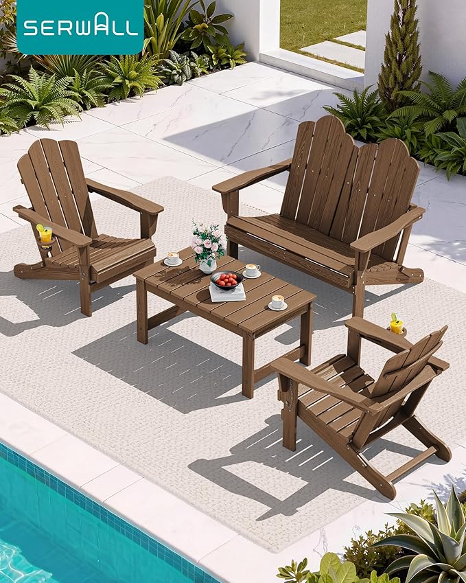 SERWALL Folding Adirondack Bench, HDPE All-Weather Adirondack Loveseat, 660 lbs Capacity, Foldable Outdoor Patio Bench for Deck, Lawn, Garden, Brown