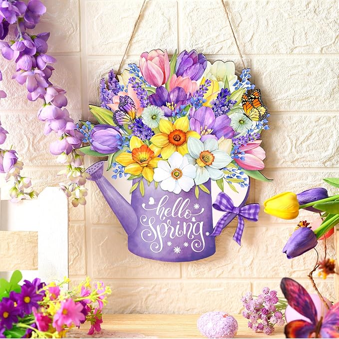 Juexica Hello Spring Door Sign for Front Porch - Flower Hanger Wreaths, Wooden Hanging Decor, Rustic Welcome Sign for Wall Pediments Decorations