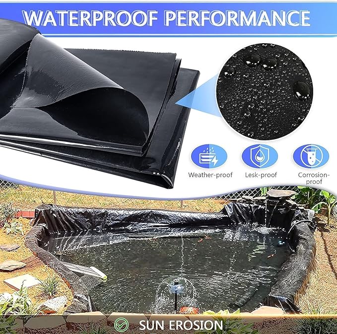 ToLanbbt Pond Liner 15 FT x 15 FT HDPE Pond Liners, 20 Mil UV Resistant Preformed Pond Liner Easy Cutting, Pond Liner for Natural Looking Ponds, Waterfall, Koi Pondsand Water Garden (Black)