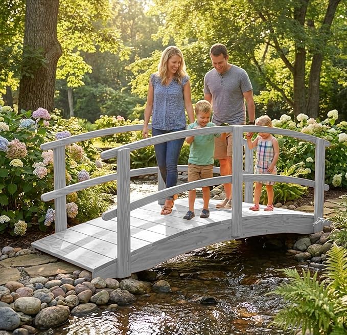 8 FT White Amish Made Garden Bridge with Double Rails for Walkway, Backyard Pond & Landscaping, Outdoor Wooden Footbridge for Koi Pond, Japanese Style Decorative Bridge, Made in USA