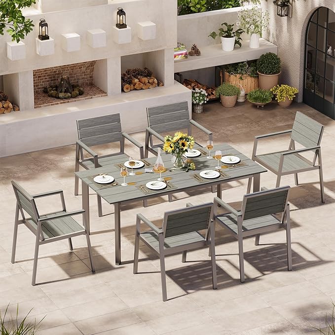 Outdoor Dining Set for 6, Patio Table and Chairs Set with Umbrella Hole, 7 Pieces HDPS + Aluminum Outdoor Furniture Sets for Patio, Garden (Sliver)