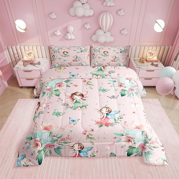 Erosebridal Fairy Garden Full Comforter Set - Butterfly & Floral Bedding Sets for Girls Kids, Pink Green Flowers Fairies Bed Set | Aesthetic Flower Cute Room Decor with 2 Pillowcases