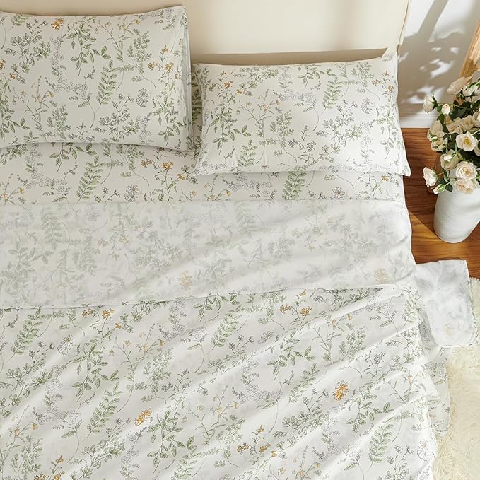 Botanical Bed Sheets Full Size 4 Piece Sheet Set, Sage Green Floral Shabby Chic Leaves Pattern Printed Coquette Aesthetic Bedding, Deep Pocket, Soft Microfiber
