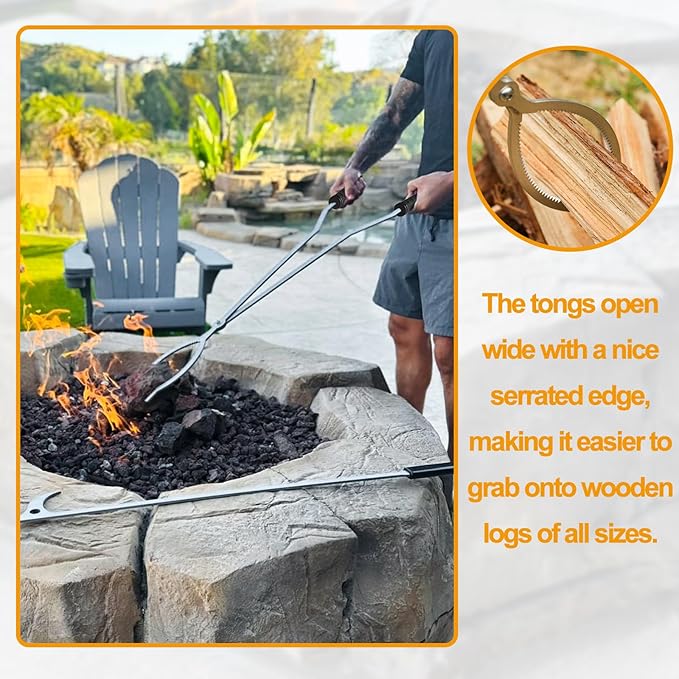 40" Fire Pit Tongs Set for Fire Pit, Fire Poker and Log Grabber FirePit Tool Accessories for Outdoor Campfires Backyard Picnic Picnic Indoor Accessories, Stainless Steel