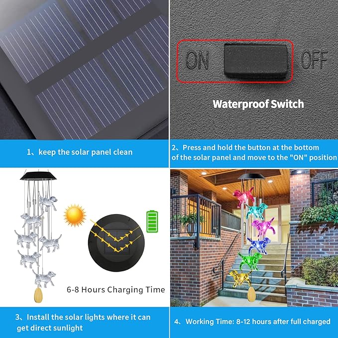 Dog Solar Wind Chimes with 4 Music Aluminum Tubes, Wind Chimes of Outside, 7 Colors Changing Outdoor Waterproof Crystal Dog LED Wind Bell, Home Party Yard Garden Decor