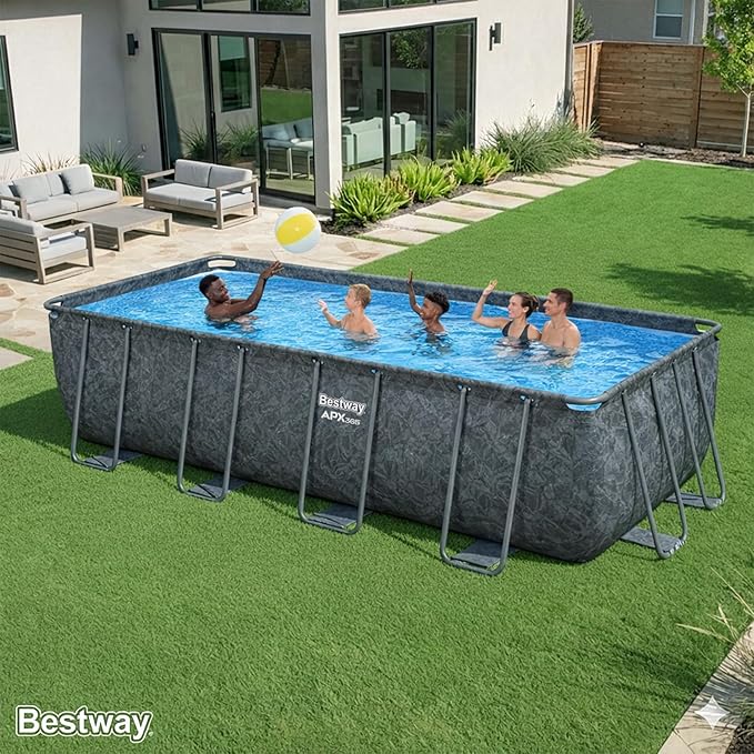 Bestway APX 365 18' x 9' x 52" Above Ground Pool, Rectangular Metal Frame Outdoor Swimming Pool Set with Sand Filter Pump, Ladder, and Cover, Dark Marble