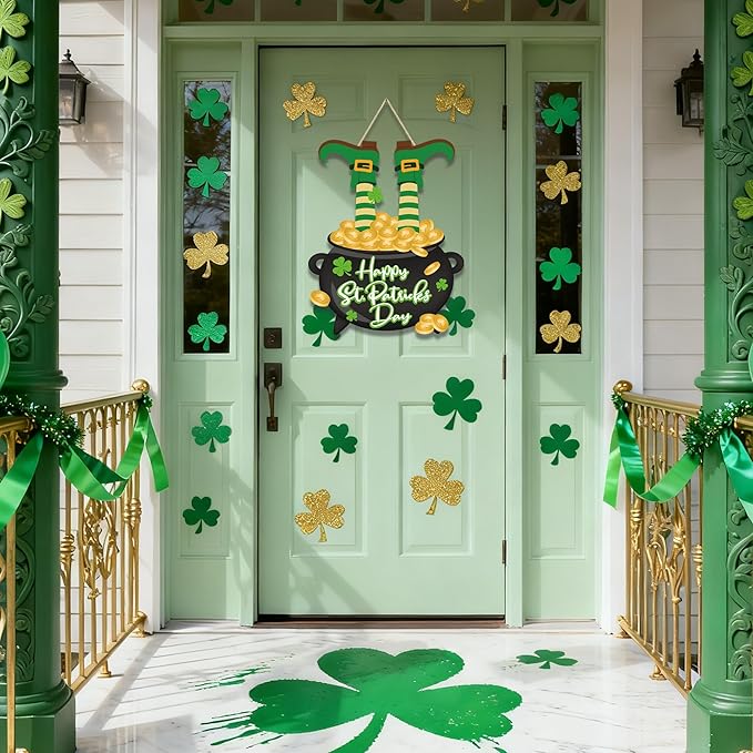 St. Patrick's Day Door Sign Happy St. Patrick's Day Wooden Front Door Wreath Leprechaun Feet Shamrock Gold Coin Jar Hanging Welcome Signs for Irish Home Wall Hanger Porch Indoor Outdoor Party Decor