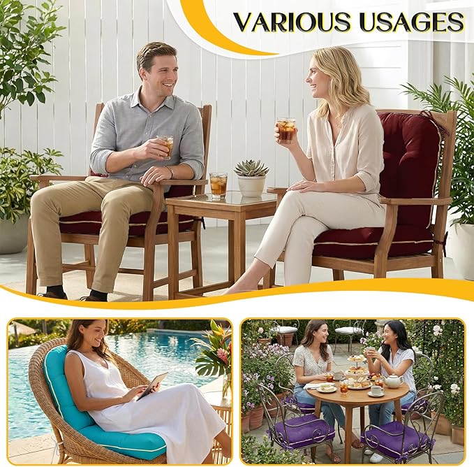 Outdoor Chair Cushions Set of 2, Outdoor Cushions for Patio Furniture and Wicker Chair, Memory Foam Patio Seat Cushion Pads with Ties, 19 x 19 Inch (Burgundy)