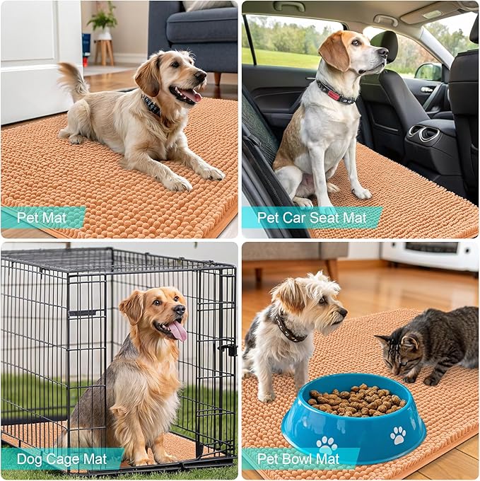 OLANLY Dog Door Mat for Muddy Paws 32x20, Absorbs Moisture and Dirt, Absorbent Non-Slip Washable Doormat, Quick Dry Chenille Mud Mat for Dogs, Entry Indoor Entryway Carpet for Inside Floor, Orange