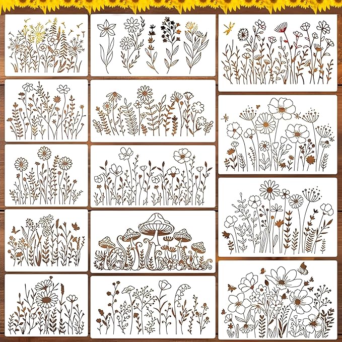 Flower Stencils for Painting, 14pcs Floral Stencils for Crafts Reusable, Drawing Templates On Wood Wall Canvas Fabrics Furniture DIY Home Decor Card Rock
