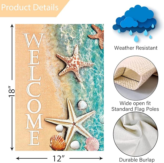 Louise Maelys Welcome Spring Summer Beach Garden Flag for Outside 12x18 Double Sided Vertical, Burlap Small Summer Starfish and Seashell Lake Garden Yard House Flags Seasonal Summer Outdoor Decoration