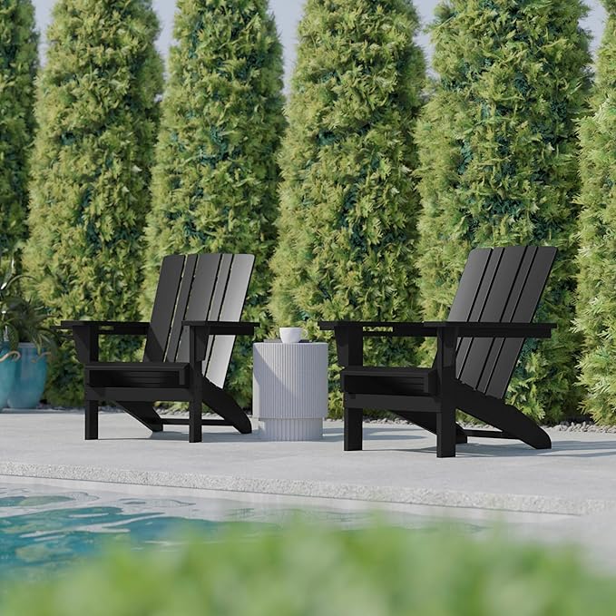 Flash Furniture Halifax Adirondack Chairs with Cup Holders, Weather Resistant Poly Resin Adirondack Chairs, Set of 2, Black