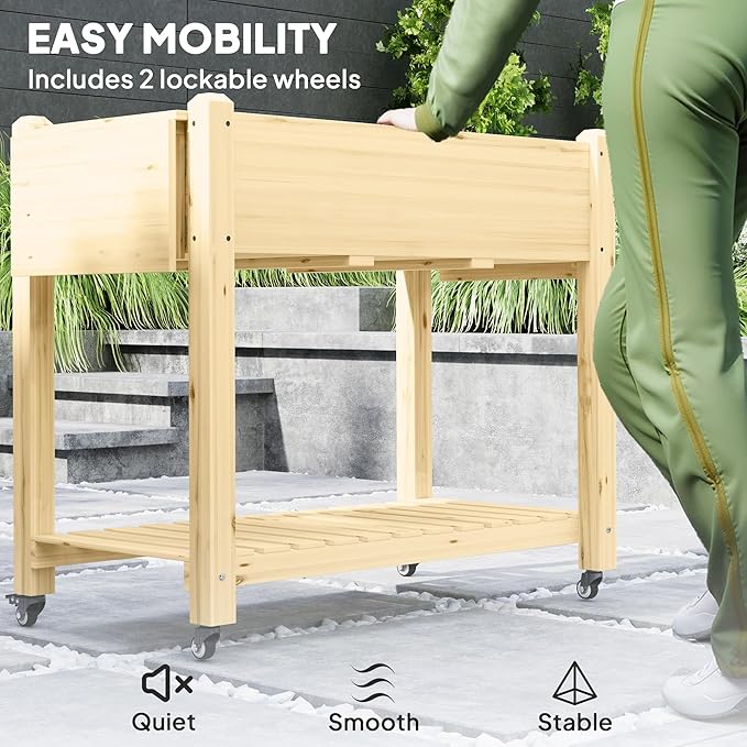 Outsunny Raised Garden Bed, 57 x 20.5 x 34 in Wood Elevated Planter Box with Lockable Wheels, Side Tables and Bottom Shelf, Outdoor Raised Planter with Bed Liner and Drainage Holes, Natural