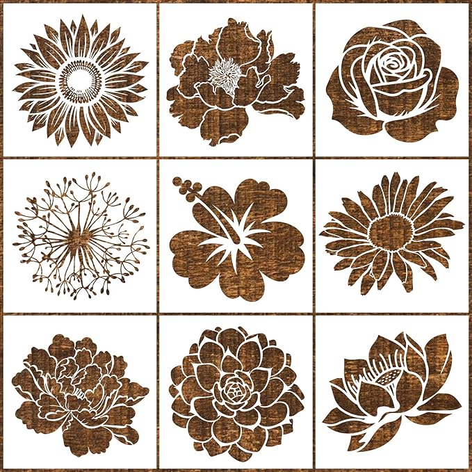 9 Pcs Large Flower Stencils for Painting Reusable Floral Crafts Stencils Set for DIY Drawing, Walls, Wood Signs, Window, Garden Fence Furniture