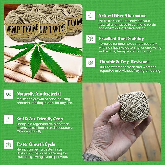 Hemp Twine for Gardening - Twine for Crafts - Organic Natural Hemp String for Jewelry Making - Strong Durable Cord for Decoration, Macrame + Cooking - 1MM, 100G/430 Ft. - 20 lb. Test Strength - White
