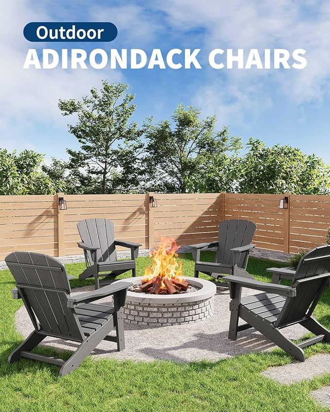 Modern HDPE Plastic Adirondack Chair - Oversize 380 LB Poly Lumber Weather Resistant Firepit Chair - Outdoor Patio Chairs with Wooden Textured for Garden, Backyard, Lawn, Deck, Pool, Porch - Grey