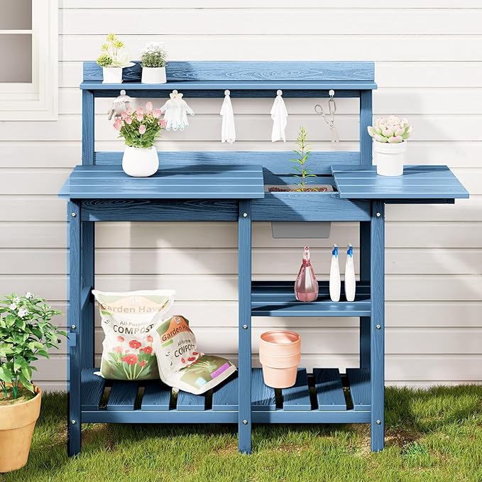 SERWALL Outdoor Potting Bench 2-Piece Set, Rot-Resistant HDPE Potting Table with Removable Sink for Outside Gardening, All-Weather Use - Blue