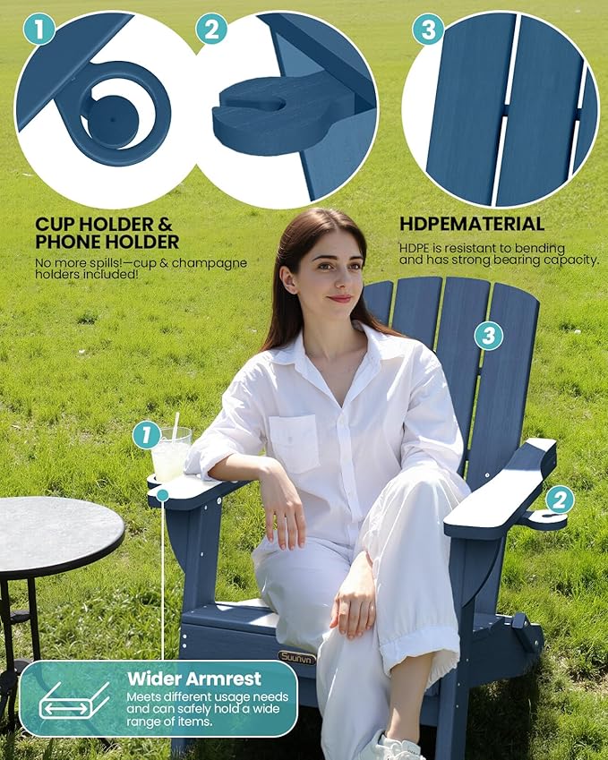 Folding Adirondack Chair 6 Pack, HDPE All-Weather Fire Pit Chairs, Plastic Adirondack Chairs with 2 Cup Holder, Outdoor Lawn Chair for Patio Garden (New Blue)