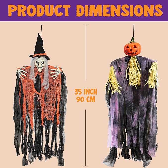 JOYIN 3 Pack 35” Hanging Ghosts Witch Pumpkin Decor Hanging Halloween Decorations Outdoor Halloween Decor, Scary Flying Witch Grim Reapers Haunted House Front Porch Decor Yard Garden Lawn Party