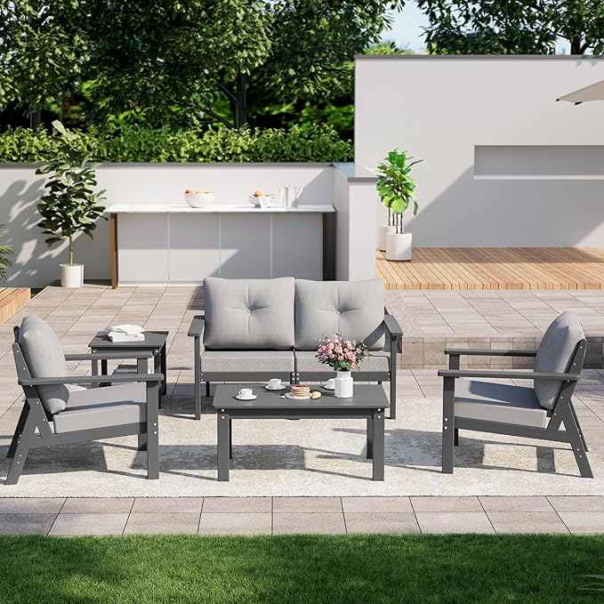 6-Piece HDPE Patio Furniture Set, Outdoor Sectional Sofa Set,All Weather Outdoor Couch with Dust-Free Cushions, Durable Patio Conversation Sets for Balcony, Porch, Gray
