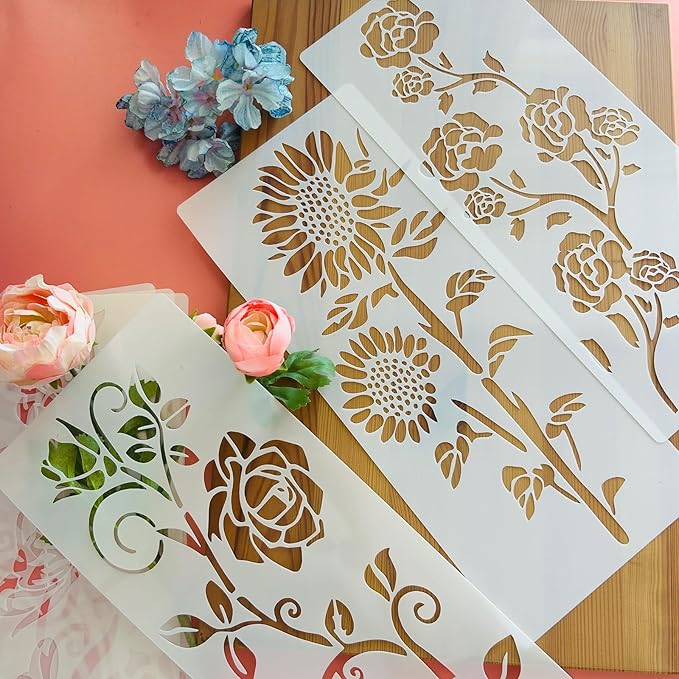 Large Flower Stencils for Painting, 6PCS 12 x 6 Inch Craft Stencils for Decorating Furniture, Fence, Walls, and Windows