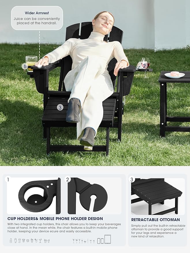 KINGYES Folding Adjustable Adirondack Chair with Ottoman & 2 Cup Holders Set of 4, HDPE Adirondack Recliner Chair with Footrest, Black