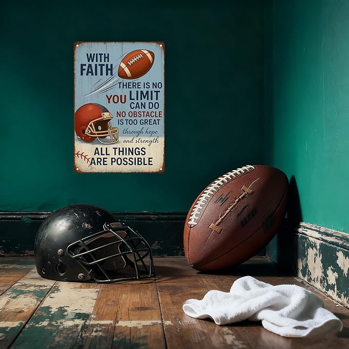 Football Party Decorations With Faith Football Metal Sign – Vintage Christian Sports Wall Art for Locker Room, Bedroom, or Gym – Motivational Football Gift for Athletes, Coaches, and Football Fans (FOOTBALL)