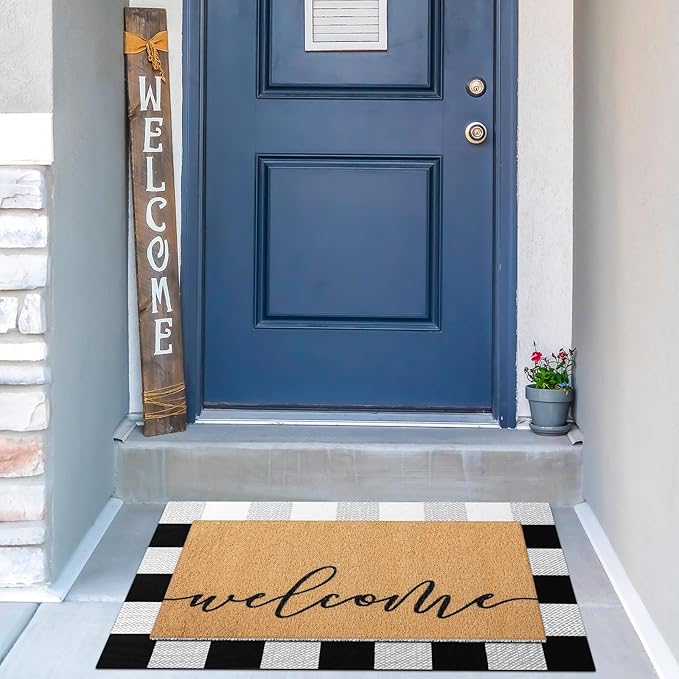 Tinideya 2 Pcs Door Mat Welcome Non Slip Coir Mats Black White Buffalo Plaid Checked Floor Layering Doormats Seasonal for Front Porch Entryway Decor(Welcome)