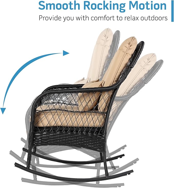 Outdoor Wicker Rocking Chair, All Weather PE Rattan Rocker with Cushion & Pillow, Outdoor Rocking Furniture for Garden, Porch, Backyard, Poolside (Black Rattan+Khaki Cushion)