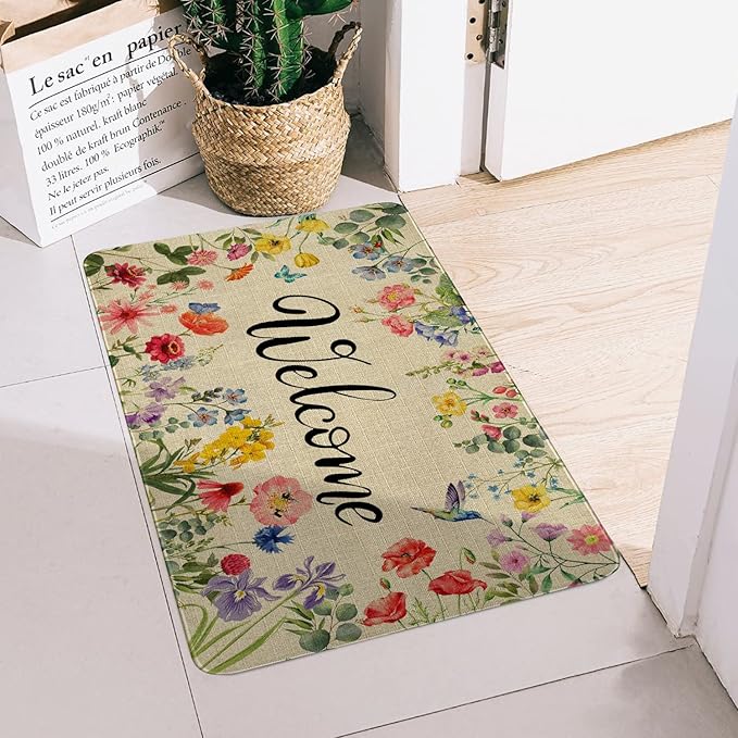 Spring Floral Decor Welcome Entrance Door Mat, Hello Summer Flower Home Decoration Non-Slip Indoor Outdoor Front Doormats Rug 17 x 30 Inch